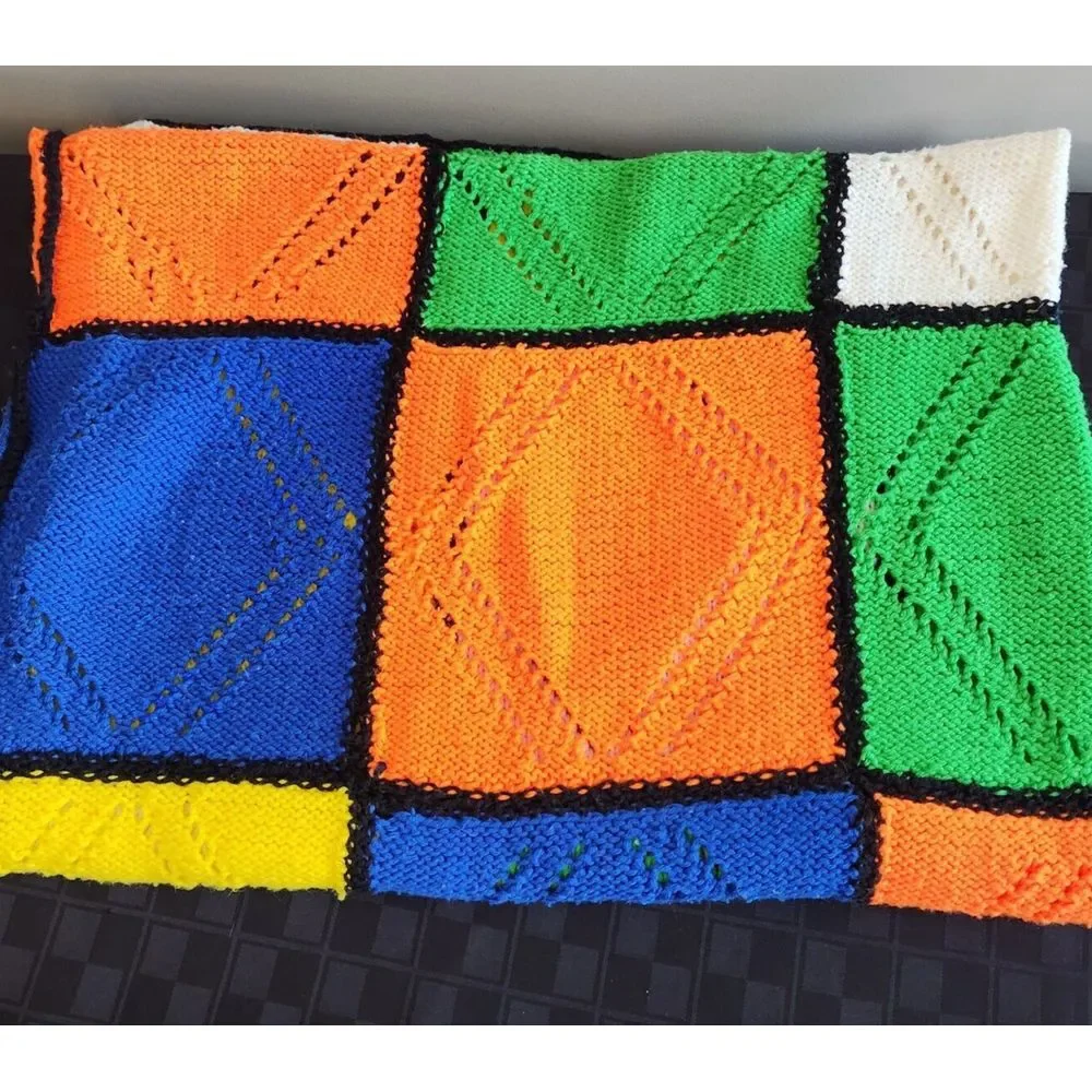 Afghan‎ Throw 80s Bright Color Block Cube Handmade 70s Grannycore Vintage Retro